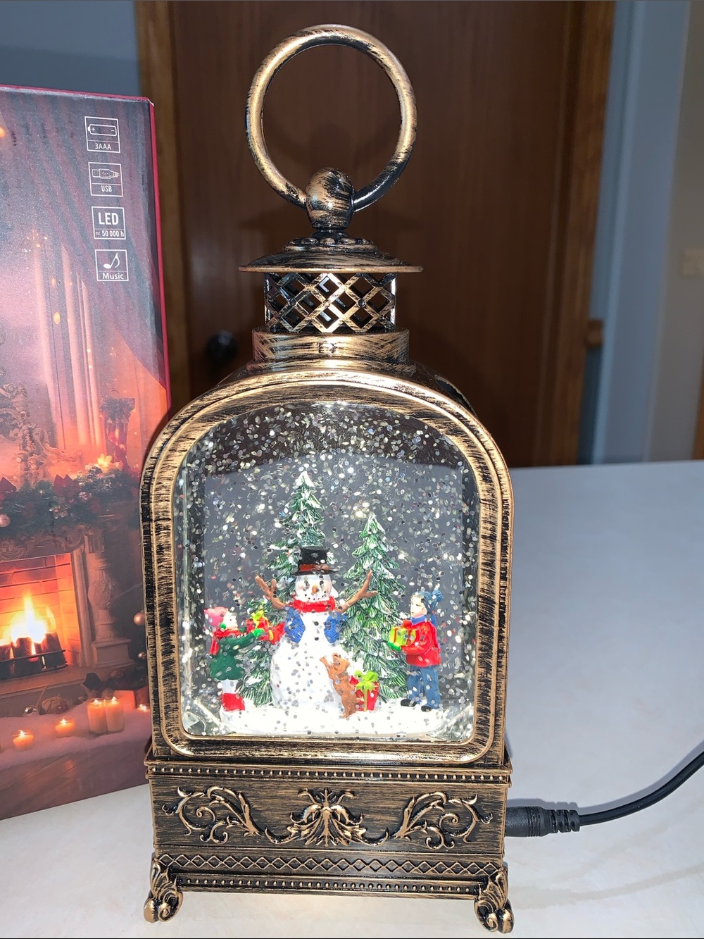 Antique Gold Snow Globe Lantern with Snowman Holiday Scene. NIB